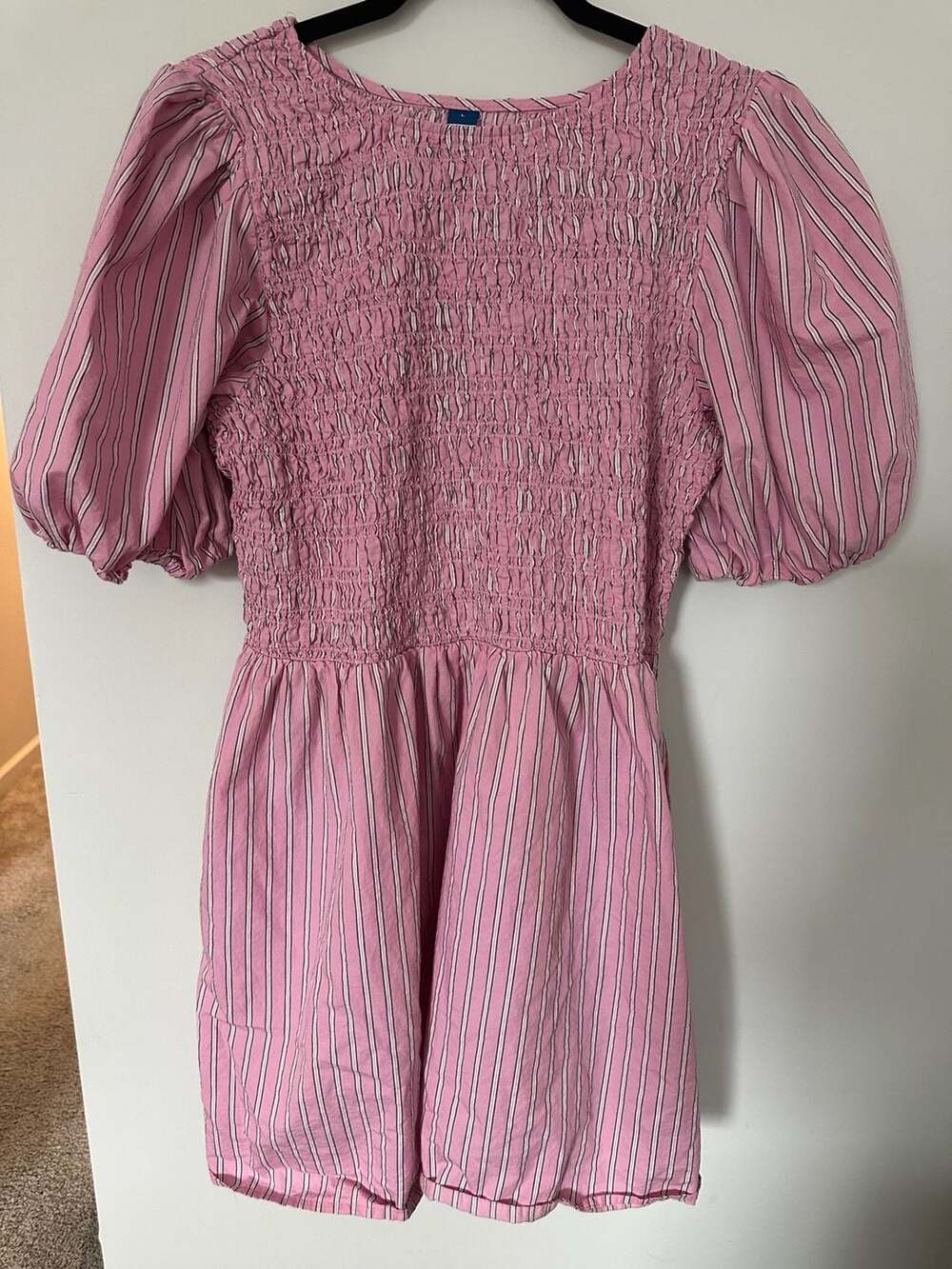 Old Navy Smocked Puff-Sleeve Flare Mini Dress Pink Striped Size L